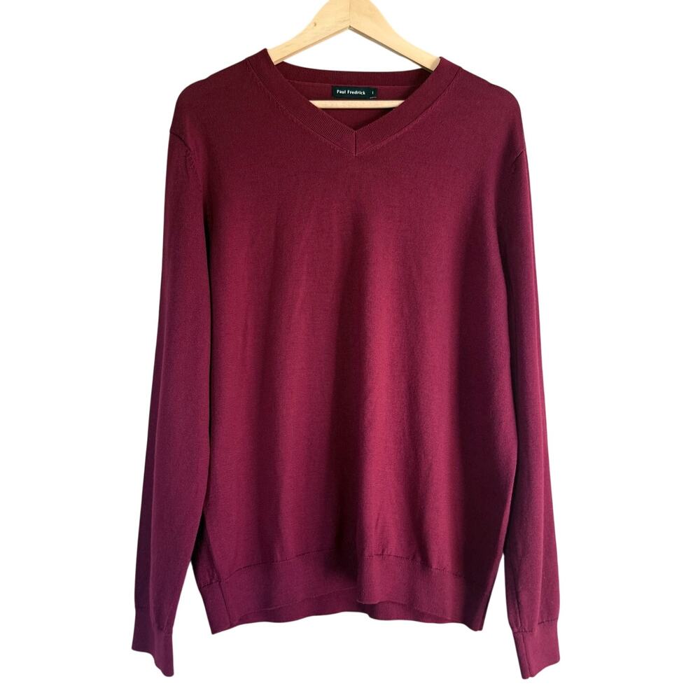 PAUL FREDRICK 100% merino wool crimson red long sleeve v-neck pullover sweater